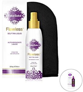 Fake Bake Flawless Self-Tanning Liquid, Best Streak-Free Tanner, long-lasting sunless natural glow for all skin tones, black coconut scent, best professional tanning mitt, best over the counter self tanners