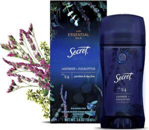 Secret Antiperspirant Deodorant for women with pure essential oils, paraben free, lavender and eucalyptus scent, best deodorant for women that sweat quickly