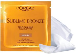 L'Oreal Paris Sublime Bronze Self-Tanning Towelettes, best streak-free self-tanner, best for natural looking Tan, a pack of 6 towelettes, one of the best over the counter sunless tanners