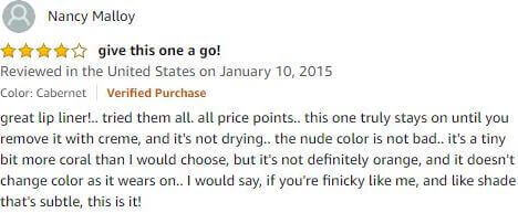 Amazon customer review for the best lip liner for older skin and the best lip liner stop feathering