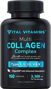 Vital Vitamins Multi Collagen Complex - Type I, II, III, V, X, Grass Fed, Non-GMO, 150 Capsules. One of the Best Collagen Supplements For Women
